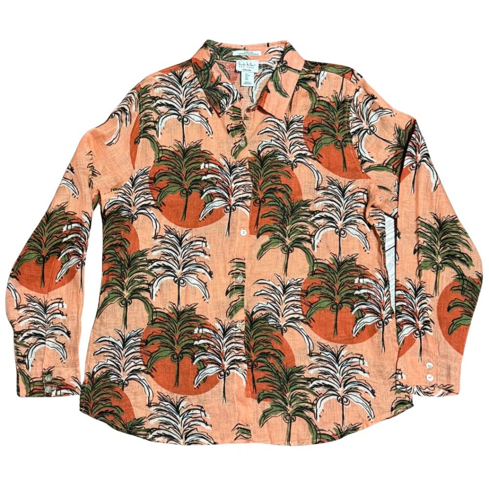 Nicole Miller 100% Linen Tropical Palm Trees Button-Up Shirt – Size L